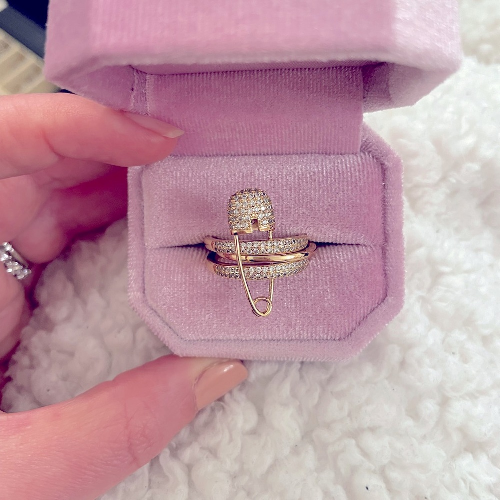 Triple stacked safety pin ring. Unknown metal. cz stones.